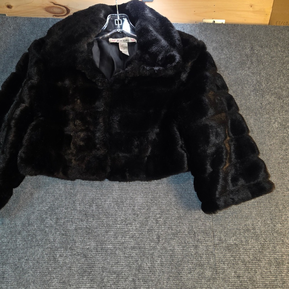 Forever Faux Fur Jacket Women Large Black Good Cropped Glam Mob Wife Luxe
